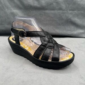 Fly London Black Leather Strappy Wedge Sandals Women’s Size 37